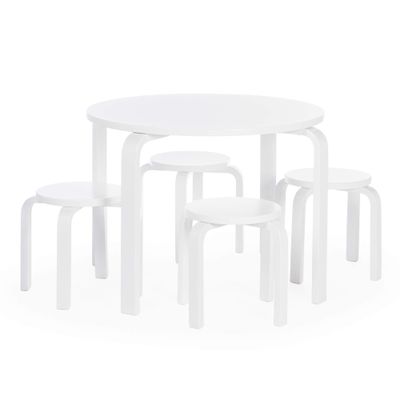 Guidecraft Nordic Table and Stools Set for Kids: White - Stacking Bentwood Stools with Curved Wood Toddler Activity Table - Children's Modern Bedroom, Playroom, and Living Room Furniture