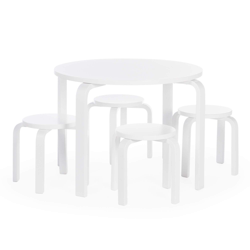 Guidecraft Nordic Table and Stools Set for Kids: White - Stacking Bentwood Stools with Curved Wood Toddler Activity Table - Children's Modern Bedroom, Playroom, and Living Room Furniture