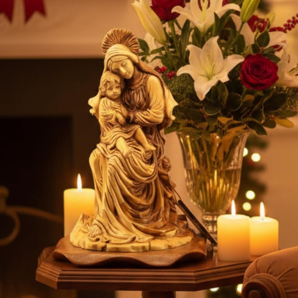 Bethlehem Handicrafts Olive Wood Crowned Virgin Mary with Baby Jesus