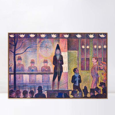 INVIN ART Framed Canvas Giclee Print Art La Parade de Cirque by Georges Seurat Wall Art Living Room Home Office Decorations(Wood Color Slim Frame,20"x28")