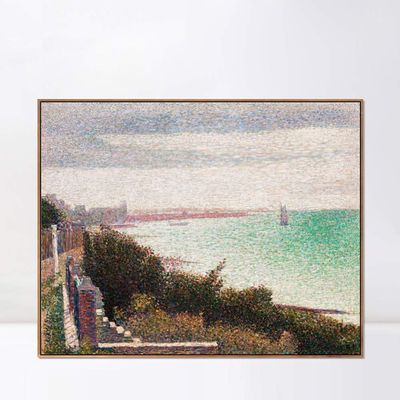 INVIN ART Framed Canvas Giclee Print Art Evening, Honfleur#2 by Georges Seurat Wall Art Living Room Home Office Decorations(Wood Color Slim Frame,20"x24")