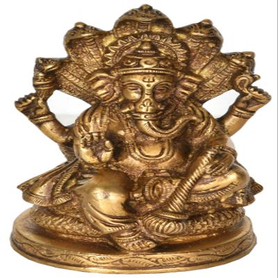Exotic India Lord Ganesha Seated on Sheshanaga - Brass Statue - Color Natural Brass Color