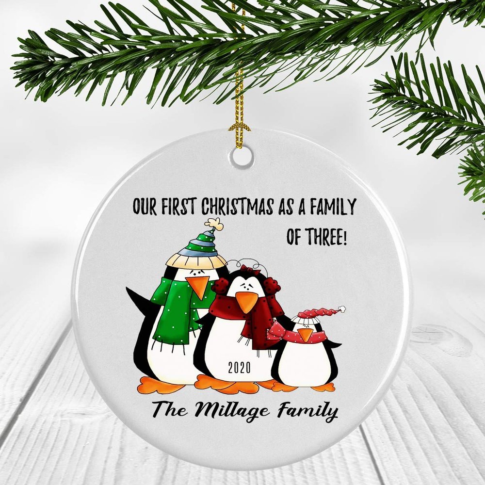 3 Penguin - Our First Christmas As A Family Of Three, The Millage Family - Newborn New Baby Parents Mom Dad Xmas Present Mommy Daddy Plastic Porcelain Keepsake 3" Flat Circle