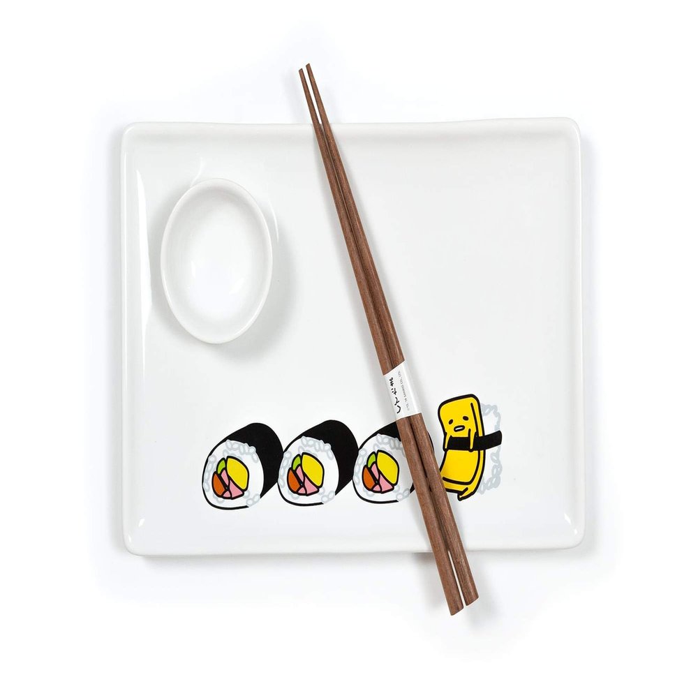 Gudetama Stoneware Sushi Set With Plate, Wasabi Dish & Chopsticks - Cute Sanrio Lazy Egg Design - Fun Japanese White Ceramic Dinnerware