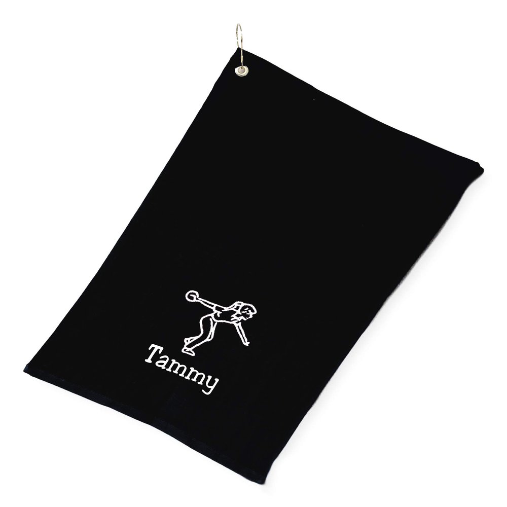 101 BEACH Women's Personalized Cotton Bowling Towel with Embroidered Name with Clip (Black - Embroidered Name - Woman)