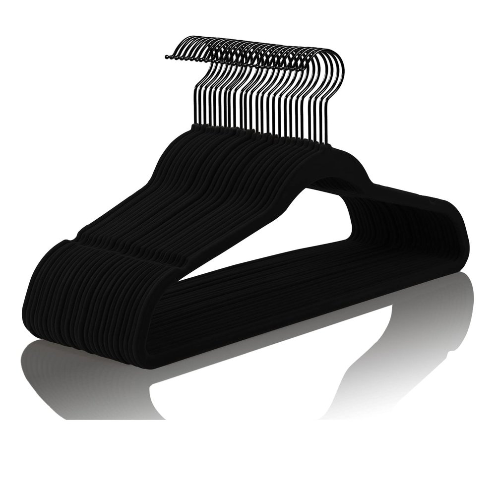 MIZGI Premium All Black Velvet Hangers with Black Hooks (50 Pack) Heavy Duty - Non Slip Felt Hangers - 360 Degree Swivel,Space Saving Clothes Hangers,Durable Strong Hanger for Suits,Coat