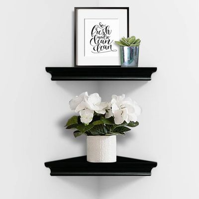AHDECOR Black Floating Corner Shelves, Elegant Wall-Mounted Corner Shelf for Decorative Display and Storage in Any Room, Set of 2