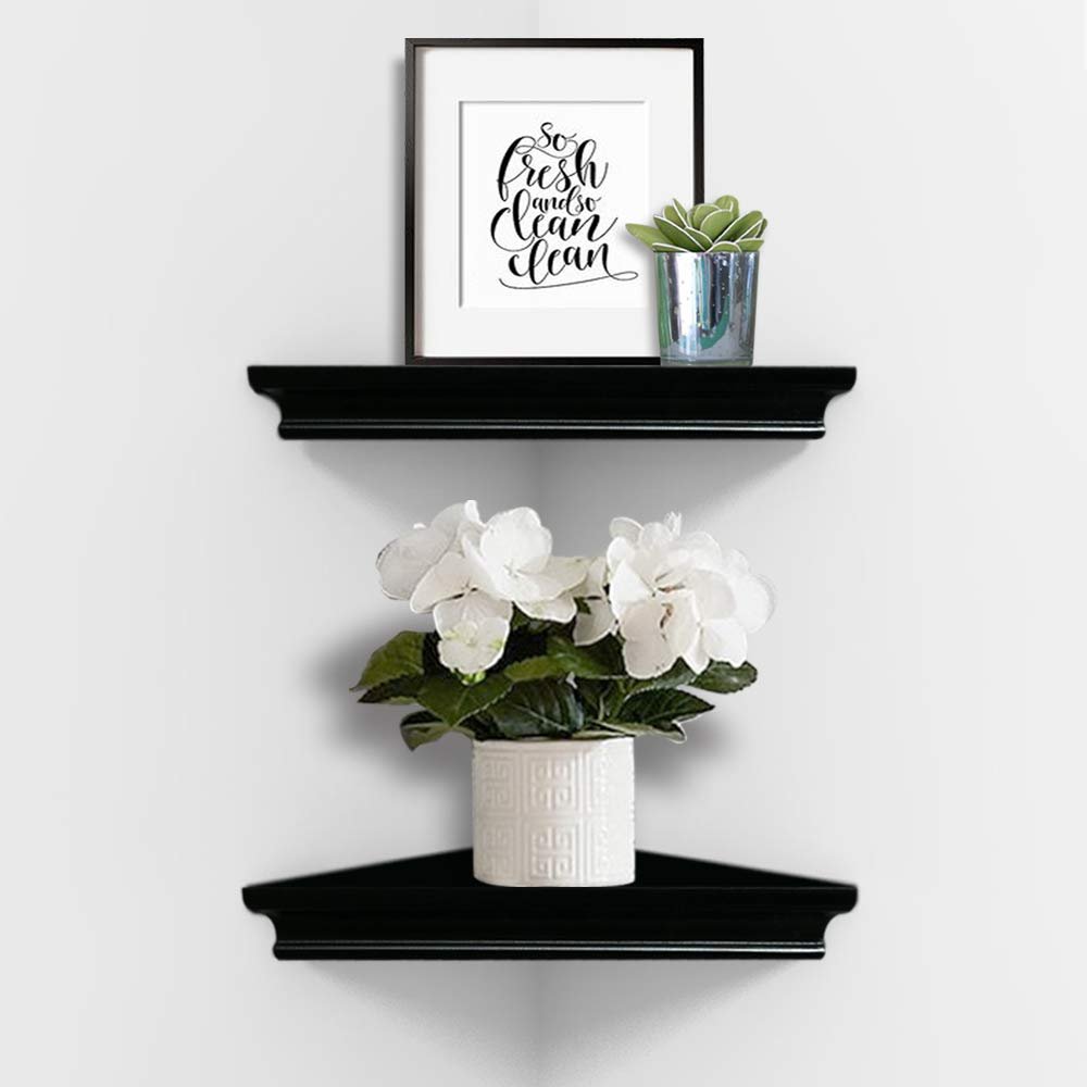 AHDECOR Black Floating Corner Shelves, Elegant Wall-Mounted Corner Shelf for Decorative Display and Storage in Any Room, Set of 2