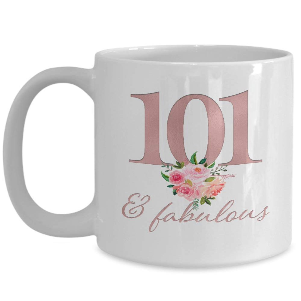 101st Birthday Mug - 101 and Fabulous - Her Party Favors Decor Decorations for Women - 101 Year Old Happy Anniversary Since 1918 - Mom Nana Grandma - White Ceramic Coffee Cup - 15oz
