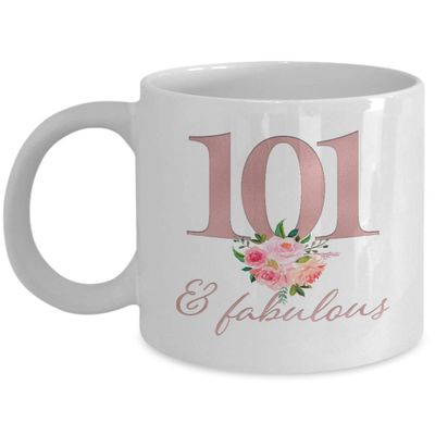 101st Birthday Mug - 101 and Fabulous - Her Party Favors Decor Decorations for Women - 101 Year Old Happy Anniversary Since 1918 - Mom Nana Grandma - White Ceramic Coffee Cup - 11oz