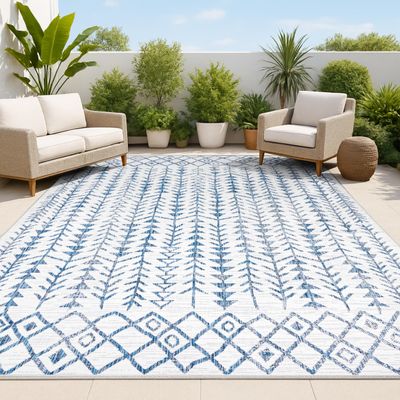 JONATHAN Y Bohemian Geometric Indoor Outdoor Area Rug 4X6 Ivory/Blue, Tokay for Backyard, Patio, Porch, Easy-Cleaning, High Traffic, Pet-Friendly, Non-Shedding (SMB132B-4)