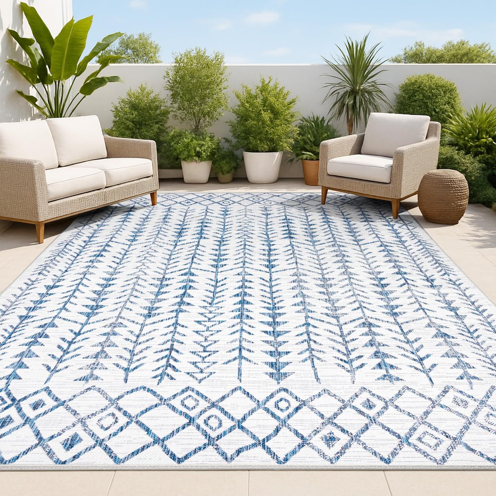 JONATHAN Y Bohemian Geometric Indoor Outdoor Area Rug 4X6 Ivory/Blue, Tokay for Backyard, Patio, Porch, Easy-Cleaning, High Traffic, Pet-Friendly, Non-Shedding (SMB132B-4)