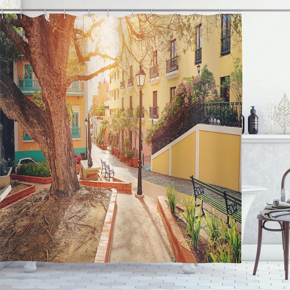 Ambesonne Puerto Rico Shower Curtain, Streets of San Juan with Houses Old Tree and Cobblestone Alleyway Early Morning, Cloth Fabric Bathroom Decor Set with Hooks, 69" W x 75" L, Pastel Yellow