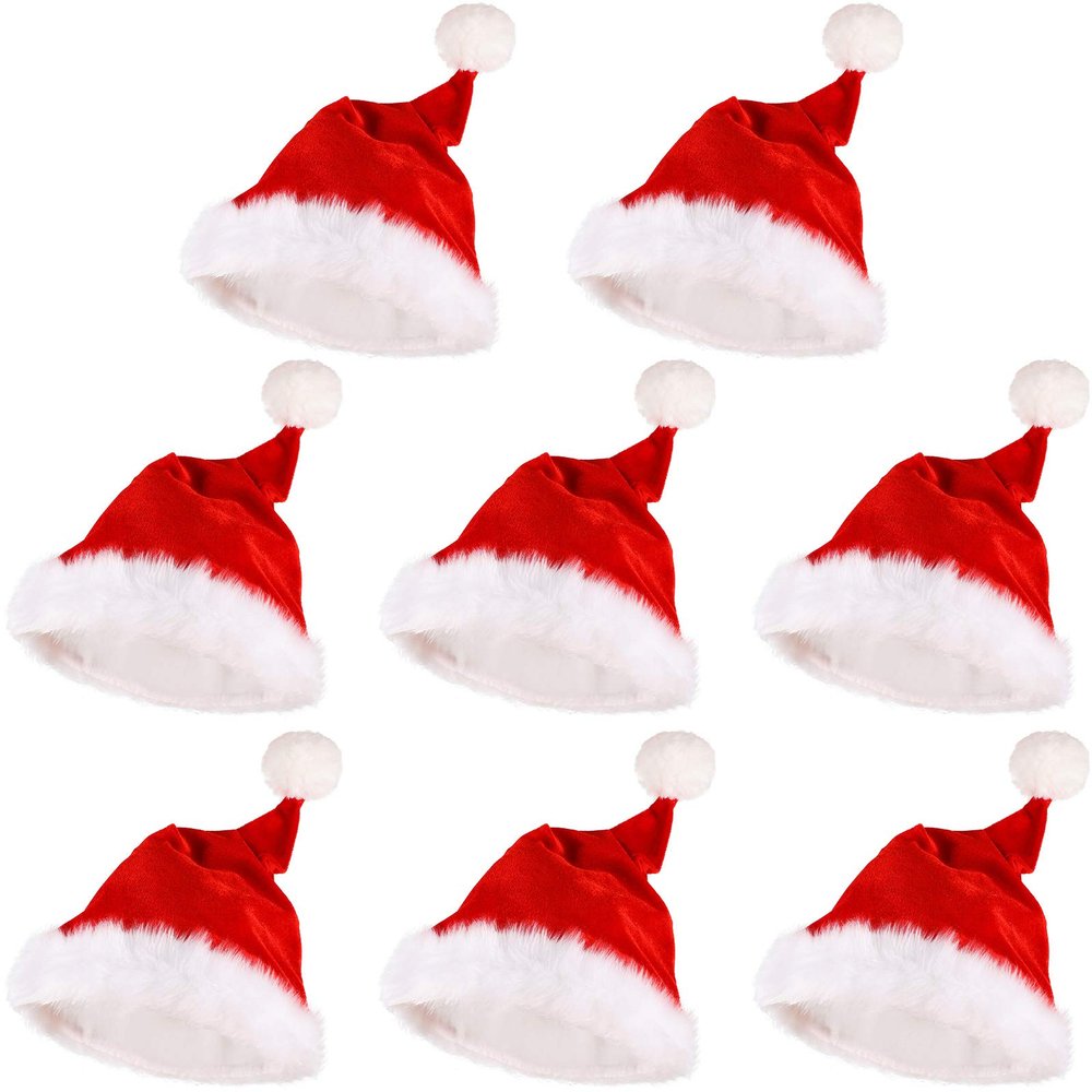 SATINIOR 8 Pieces Christmas Santa Hat Red and White Plush Christmas Hat for Adults Kids