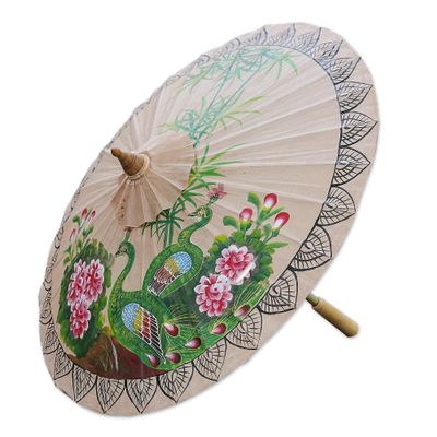 NOVICA Artisan Handmade Paper Parasol Peacockthemed from Thailand Multicolor Beige Decor Accessories Home Accents Floral Animal Nature Leaf Tree Painted [open 28in H x 34.5in Diam. Closed 28in H x 2.]