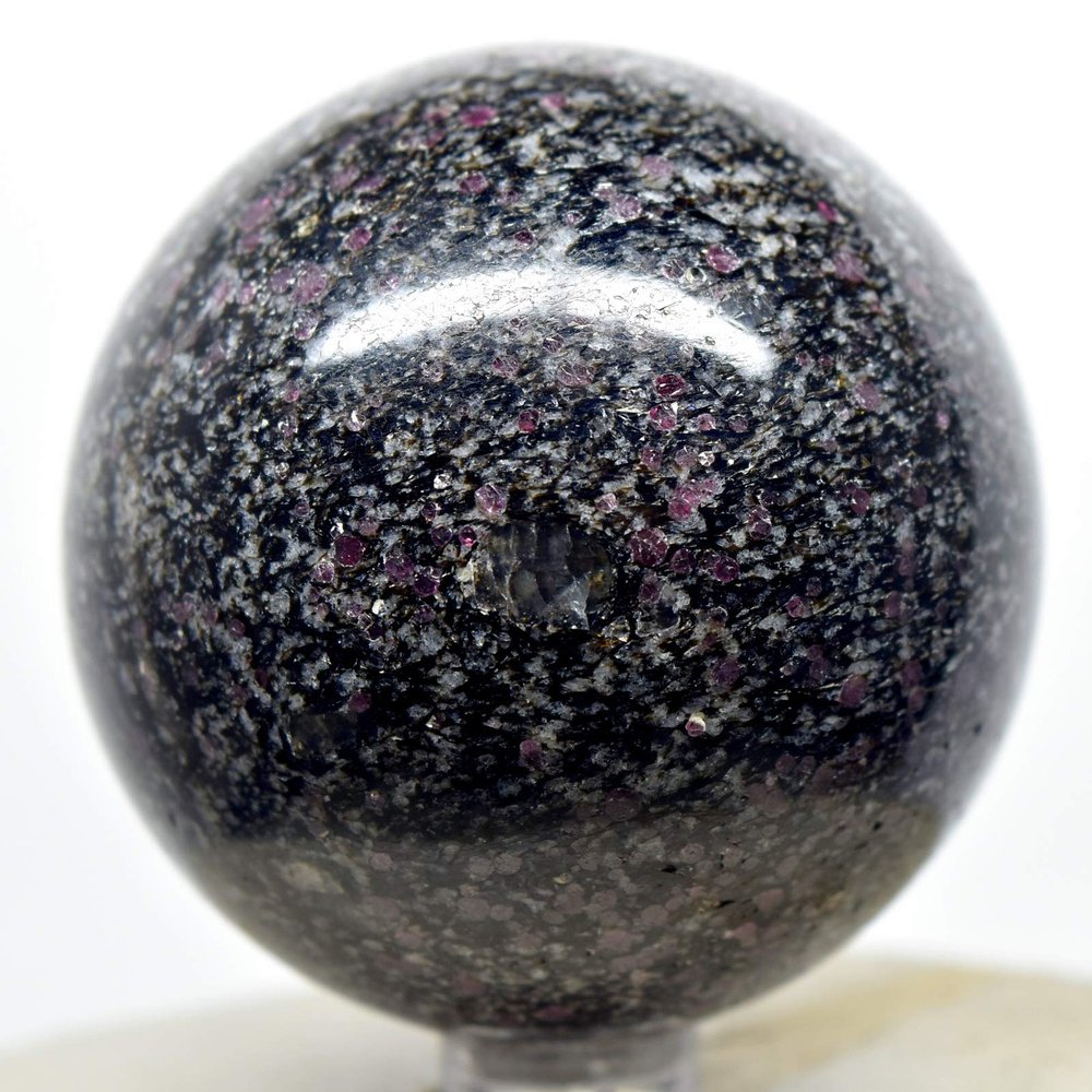 2.3" 320g Sparkling Ruby Spinel/Balas Ruby Sphere Polished Natural Gemstone Crystal Mineral Collectible Dcor Ball - India + Stand