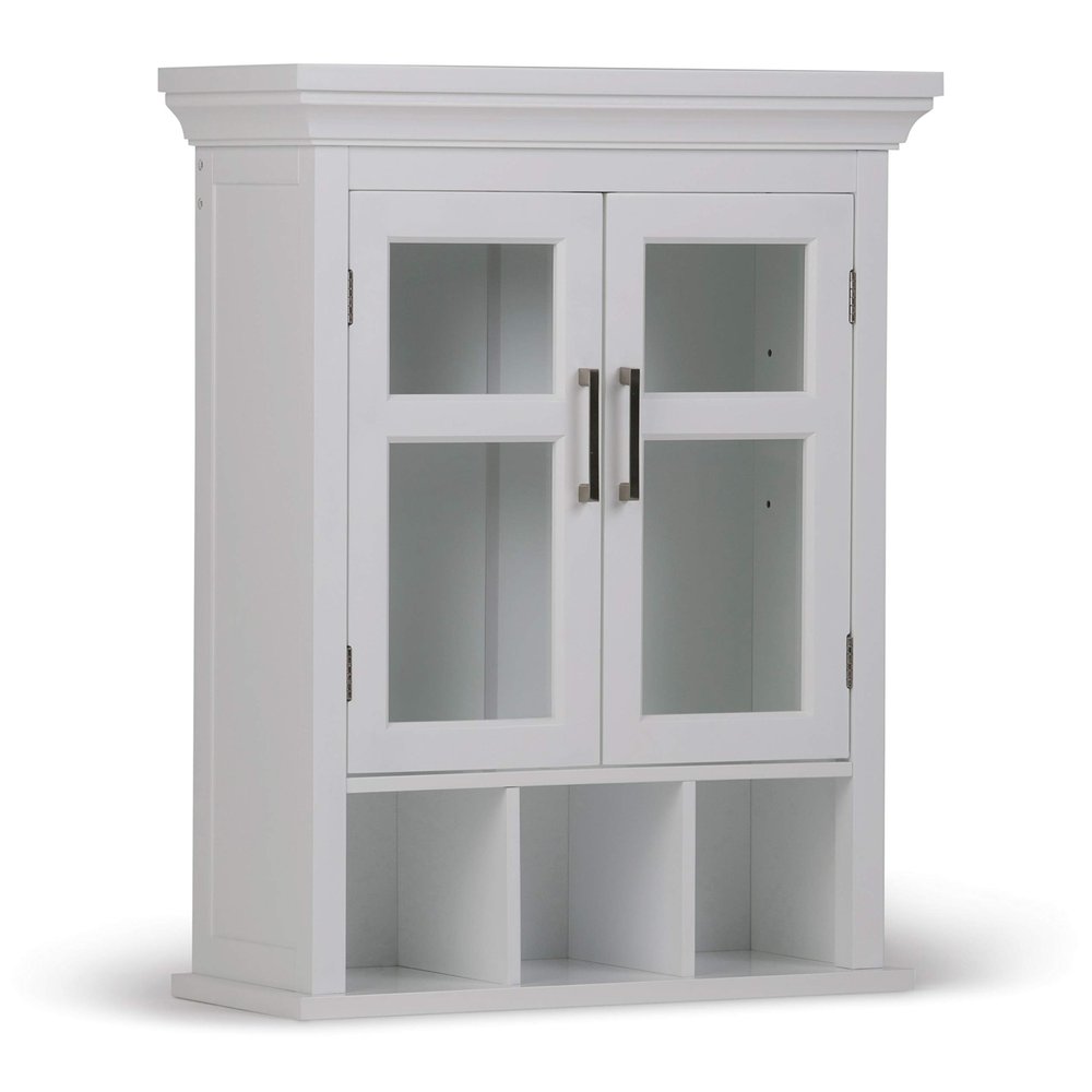 SIMPLIHOME Avington Bath Cabinet - 24 inch Wide Two Door Bathroom Wall Cabinet with Cubbies in Pure White, Bathroom Storage for Bath or Powder Room with Adjustable Shelf and Open Compartments