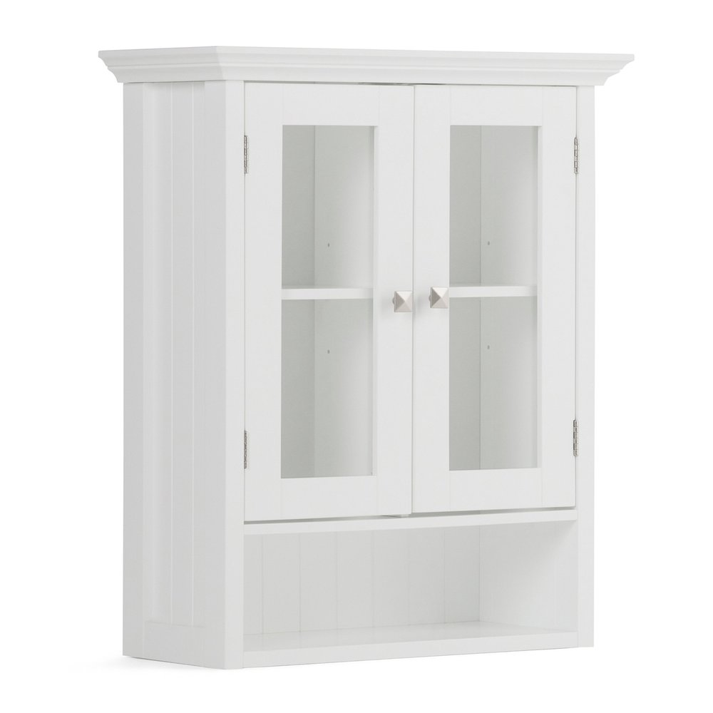 SIMPLIHOME Acadian Bath Cabinet - 24 inch Wide Double Door Bathroom Wall Cabinet in Pure White, Contemporary Bathroom Storage for Bath or Powder Room with Tempered Glass Doors and Adjustable Shelves