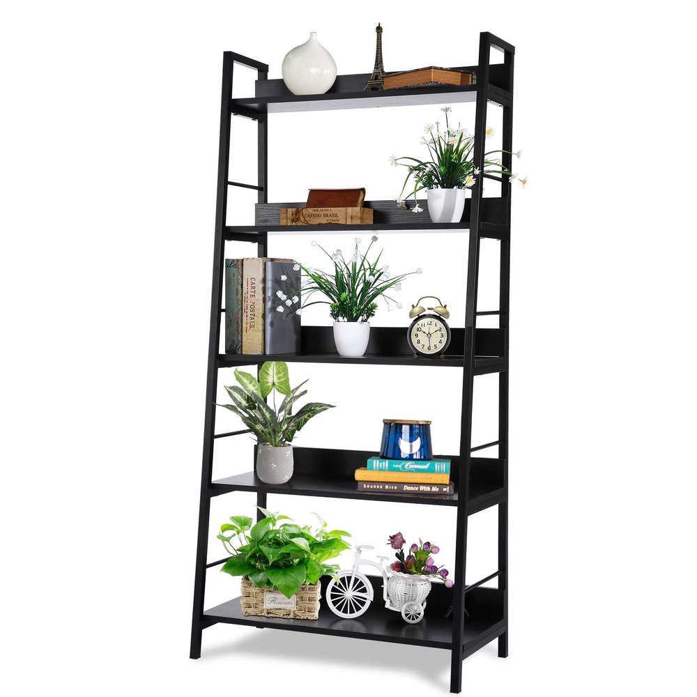 Homdox 5 Tier Ladder Shelf, Industrial Bookshelf Wood and Metal Bookcase, Plant Flower Stand Rack Book Rack Storage Shelves for Home Decor