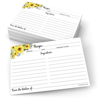 321Done Recipe Cards - Set of 50 Large Double-Sided Thick 4x6 Rustic Recipe Cards, White Sunflower Design for Bridal Shower & Wedding Gift, Made in USA