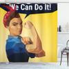 Ambesonne Girl Power Shower Curtain, We Can Do It Iconic Woman of Female Power Made with Polygons Geometric, Cloth Fabric Bathroom Decor Set with Hooks, 69" W x 84" L, Blue Mustard view 1