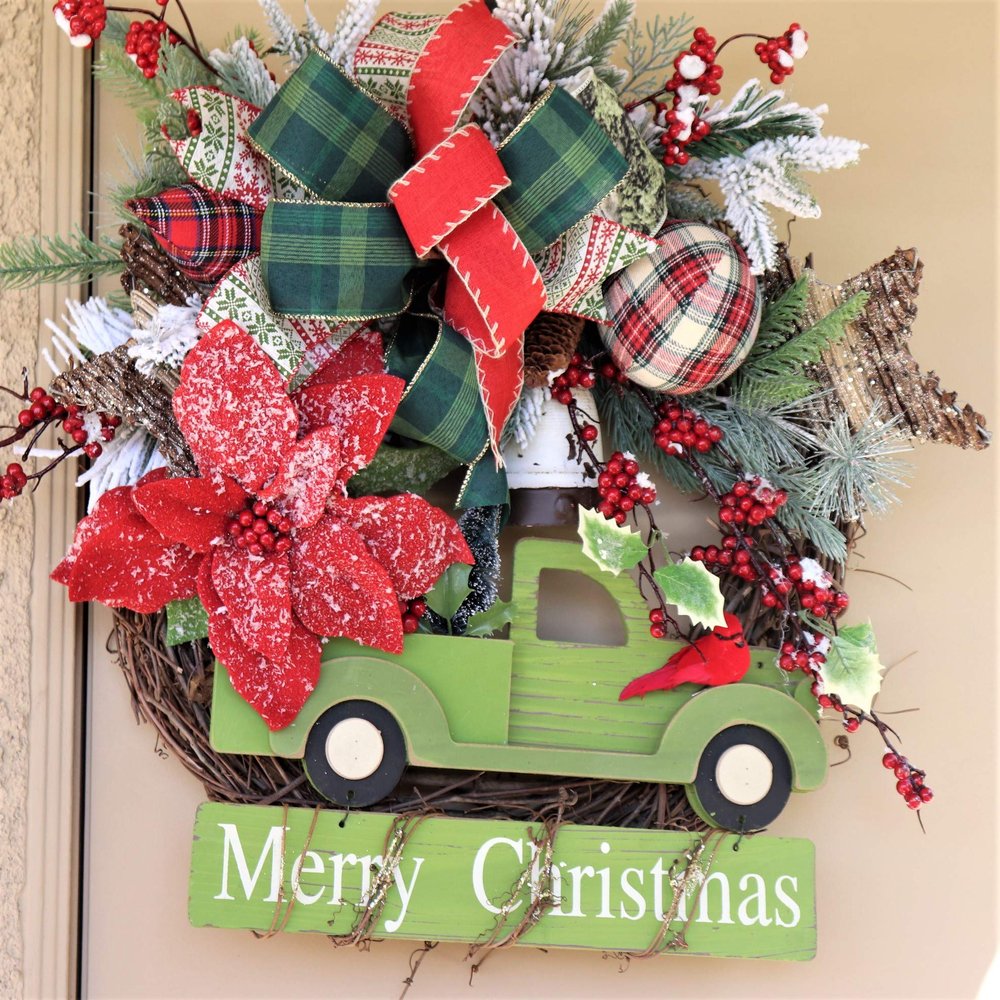 Farmhouse Christmas Truck Grapevine Wreath, Green Holiday Truck, Plaid Ribbon, Poinsettia Decor, Rustic Xmas House Decor, Present Gift