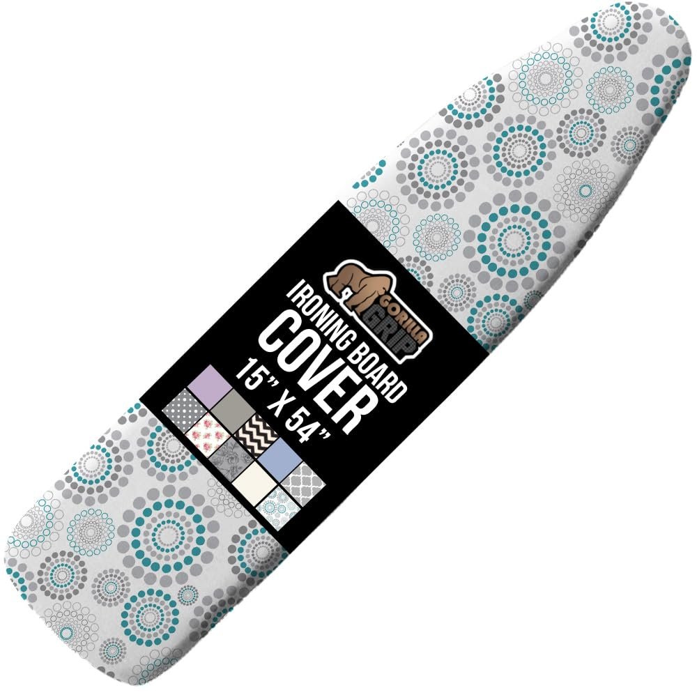GORILLA GRIP The Original Ironing Board Cover and Pad, Silicone Coating, 400F Scorch Resistant Thick Padding, Heavy Duty Iron Covers Standard Boards, Hook and Loop Fastener Strap, Spiral Print 15x54