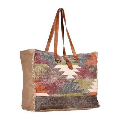 Myra Bag Gracious Carry Cowgirl Purses for Women - Canvas Weekender Bag with Real Leather Detailing and Multicolor Geometric Pattern, Western Purses for Women, Cowgirl Handbag for College, Work
