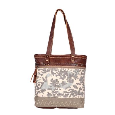 Myra Leather and Rug Tote Bag, Writer Canvas - 16.5"x14" Boho Fabric Bags for Women, 12" Strap, Brown and Gray, Zipper Top, Large Canvas Tote, Purse for Women, For Work, Travel, Everyday Use
