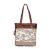 Myra Leather and Rug Tote Bag, Writer Canvas - 16.5"x14" Boho Fabric Bags for Women, 12" Strap, Brown and Gray, Zipper Top, Large Canvas Tote, Purse for Women, For Work, Travel, Everyday Use view 1