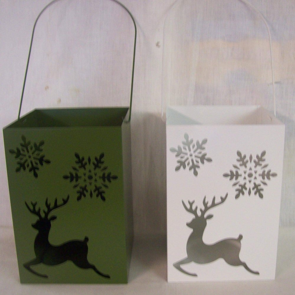 Holiday Style 2 Christmas Theme Lantern Pillar Candle Holders White and Green