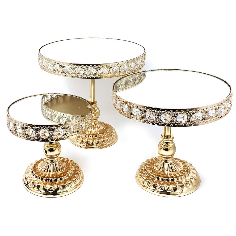 allgala Wedding Cake Stands 3-Piece Set Crystal Gold Plated Cheese Dessert Cupcake Cake Stand with Mirror Plate-Gold Round with Bases-HD89201