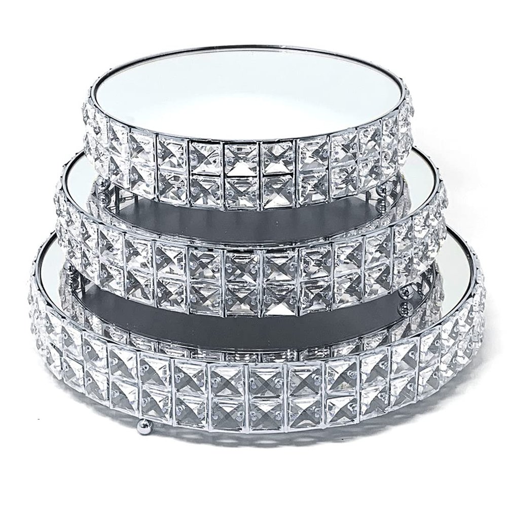 allgala Wedding Cake Stands 3-Piece Set Crystal Gold Plated Cheese Dessert Cupcake Cake Stand with Mirror Plate-Silver Round-HD89204