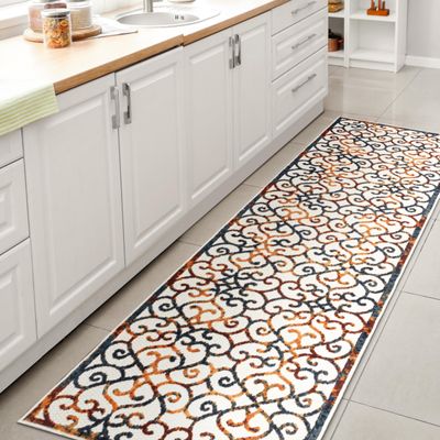 JONATHAN Y Scroll Trellis Indoor Outdoor Runner Rug 2X8 Cream/Blue/Red, Atrani for Backyard, Patio, Porch, Easy-Cleaning, High Traffic, Pet-Friendly, Non-Shedding (AMC110A-28)