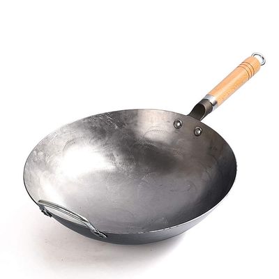 AIZYR Round Bottom Wok Carbon Steel Wok, Hand Hammered Carbon Steel Pow Wok with Hangable Wooden and Steel Helper Handle, 3 Sizes to Choice,36cm/14in