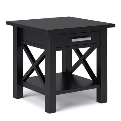 SIMPLIHOME Kitchener End Table - 21 inch Wide Solid Wood Square Accent Table with Drawer and Open Shelf in Black, Contemporary Nightstand or Lamp Stand with X-Design for Living Room or Bedroom