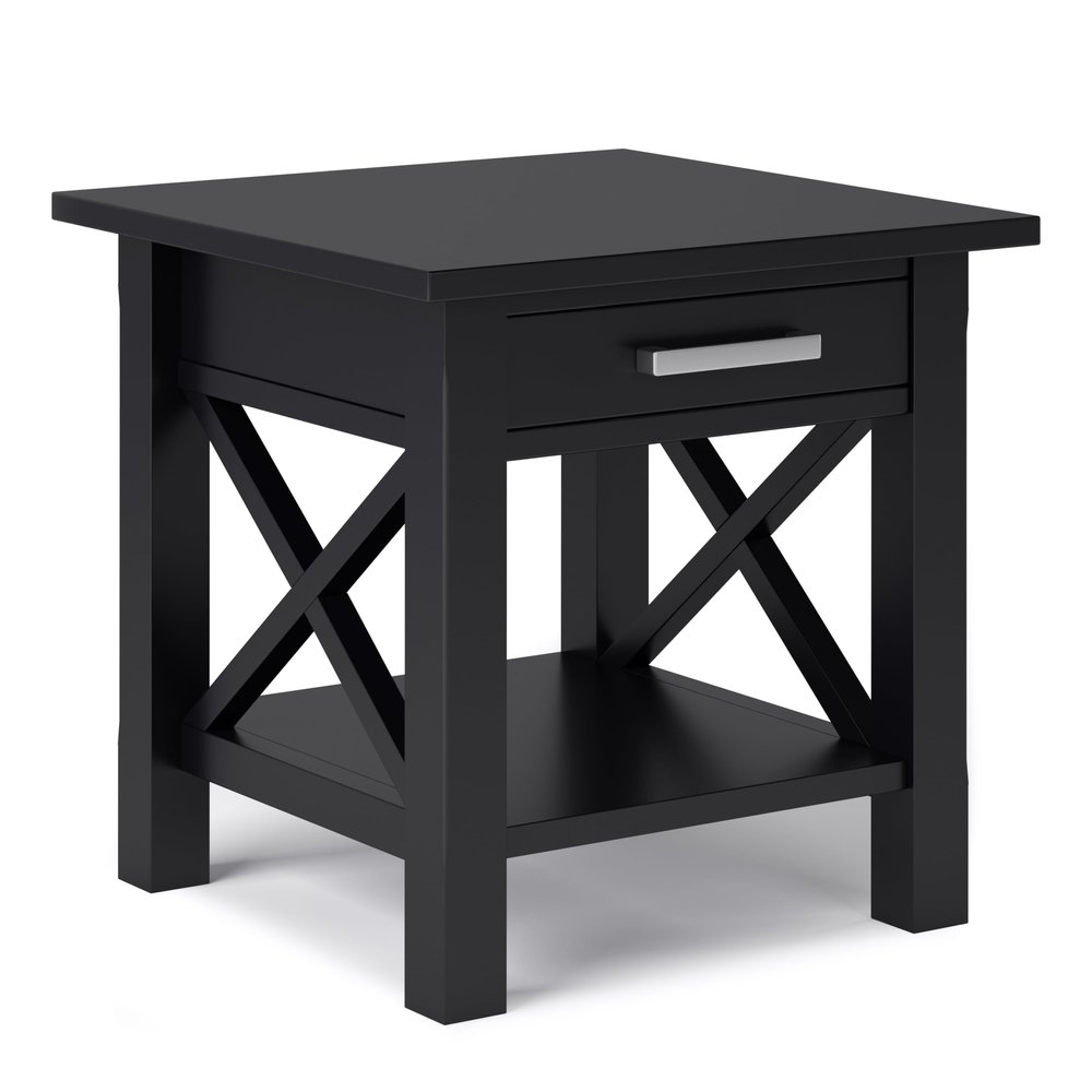 SIMPLIHOME Kitchener End Table - 21 inch Wide Solid Wood Square Accent Table with Drawer and Open Shelf in Black, Contemporary Nightstand or Lamp Stand with X-Design for Living Room or Bedroom