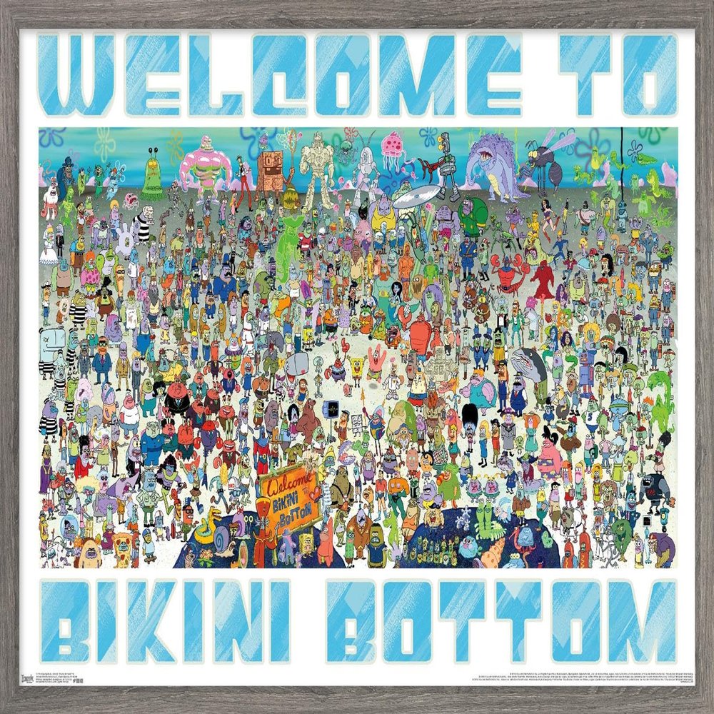 Trends International Nickelodeon Spongebob - Every Character Ever 19 Wall Poster, 14.725" x 22.375", Barnwood Framed Version
