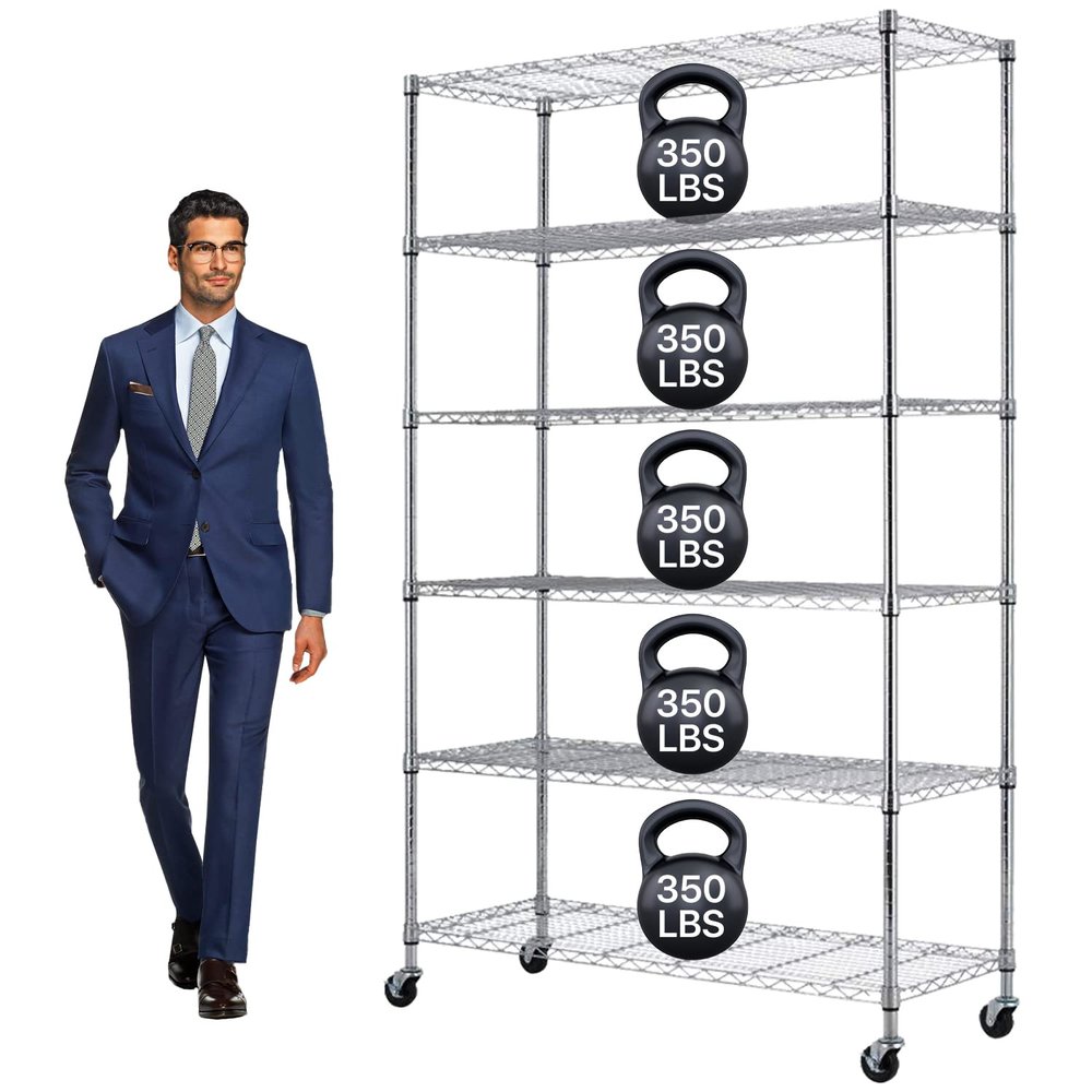6-Tier Heavy Duty Steel Wire Shelving Unit | 350 lb Capacity per Shelf | NSF Certified Adjustable Storage Rack for Garage, Pantry, Kitchen | 48" L x 18" W x 82" H | Mobile Commercial Shelves