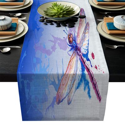 Dragonfly Cotton Linen Table Runner Rectangle Plate Mat Outdoor Rug Runner for Coffee Dining Banquet Home Decor, Colorful Purple Moth Watercolored Design with Abstract Grunge Blue Ombre 13 x 90 inch