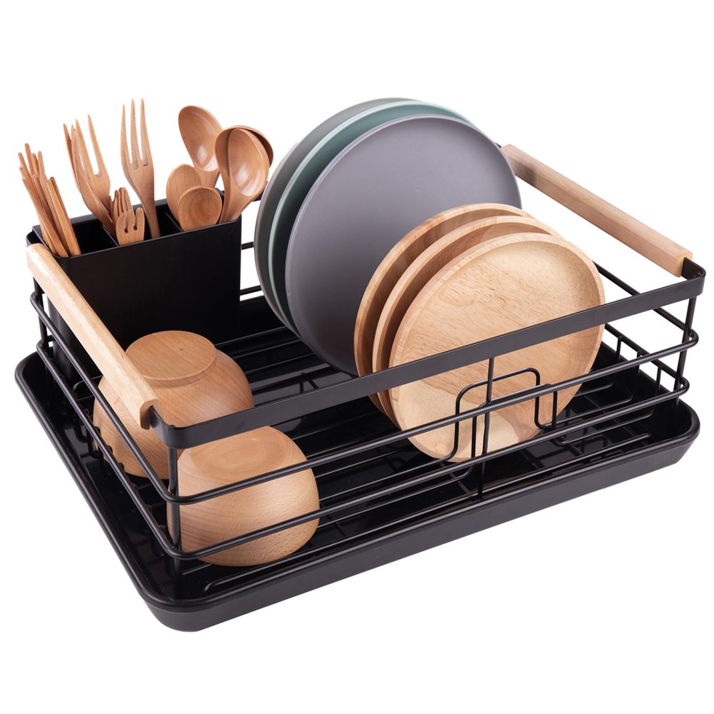 BRIAN & DANY Dish Drying Rack, Dish Racks for Kitchen Counter, Stainless Steel Dish Drainer with Removable Cutlery Holder & Drainboard, Black