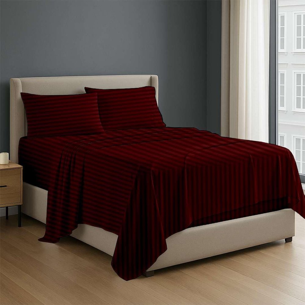 NON Sticky cotton Premium 4 Piece Egyptian Cotton Fitted Twin XL Sheet Set, Hotel Quality Soft Breathable Bedding Sheets, 30" Extra Deep Pocket, 39" X 80", Burgundy Stripe