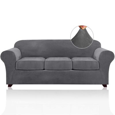 PrinceDeco Velvet Couch Covers for Sofa Soft 4 Pieces Couch Covers for 3 Cushion Couch Sofa Pet Friendly Furniture Protector with Non Slip Elastic Bottom Width Up to 90 Inch (Large, Grey)