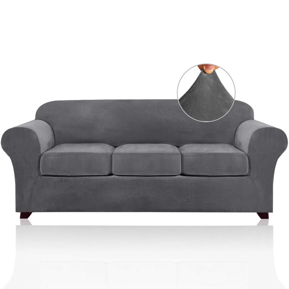 PrinceDeco Velvet Couch Covers for Sofa Soft 4 Pieces Couch Covers for 3 Cushion Couch Sofa Pet Friendly Furniture Protector with Non Slip Elastic Bottom Width Up to 90 Inch (Large, Grey)