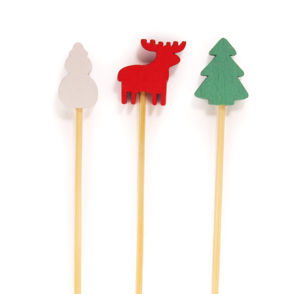 BambooMN Christmas Holiday Bamboo Party Picks - 5.9" - Pinetree, Reindeer, Snowman - 1,000 Units