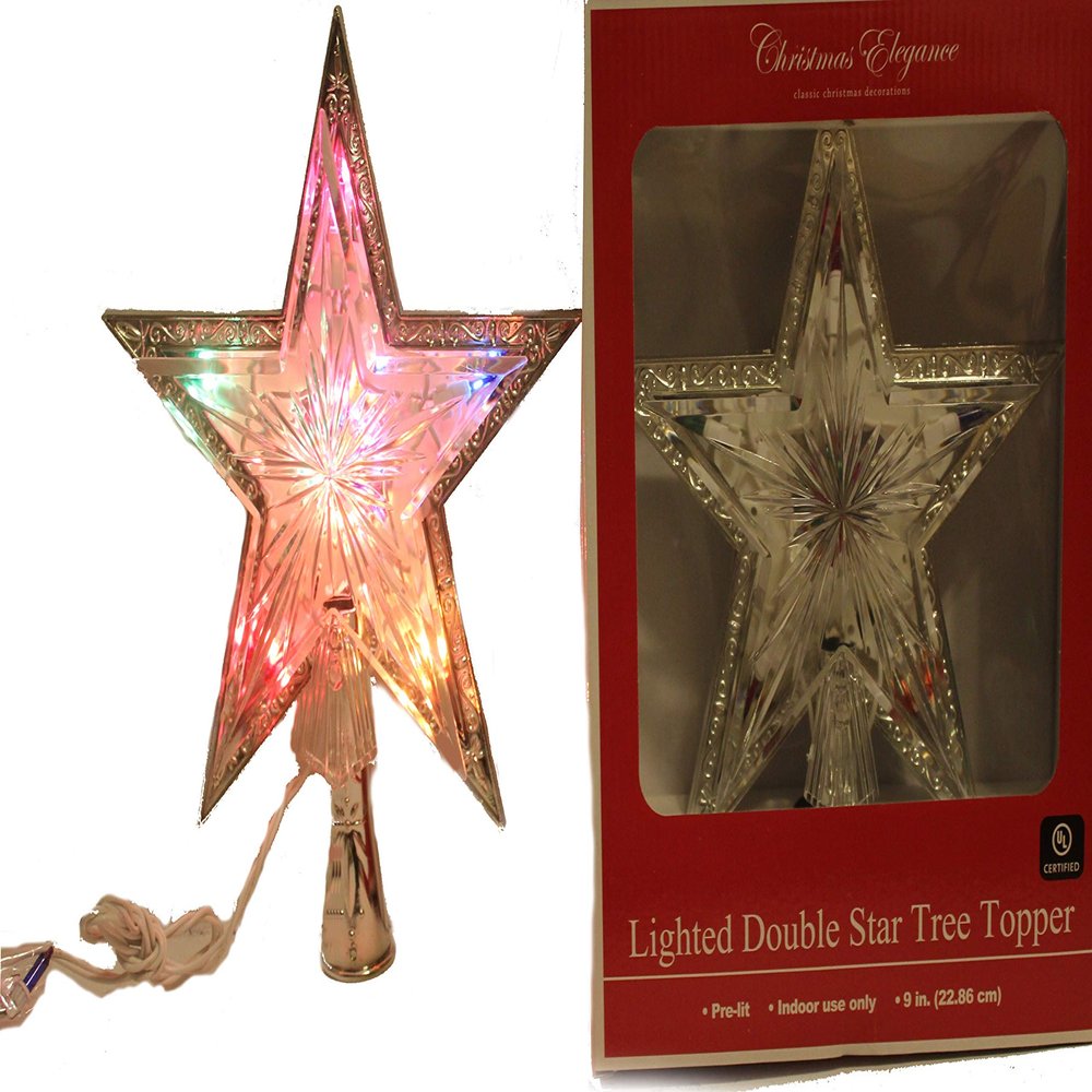Christmas Elegance 9" Lighted Silver Double Star Tree Topper, Indoor Use Only