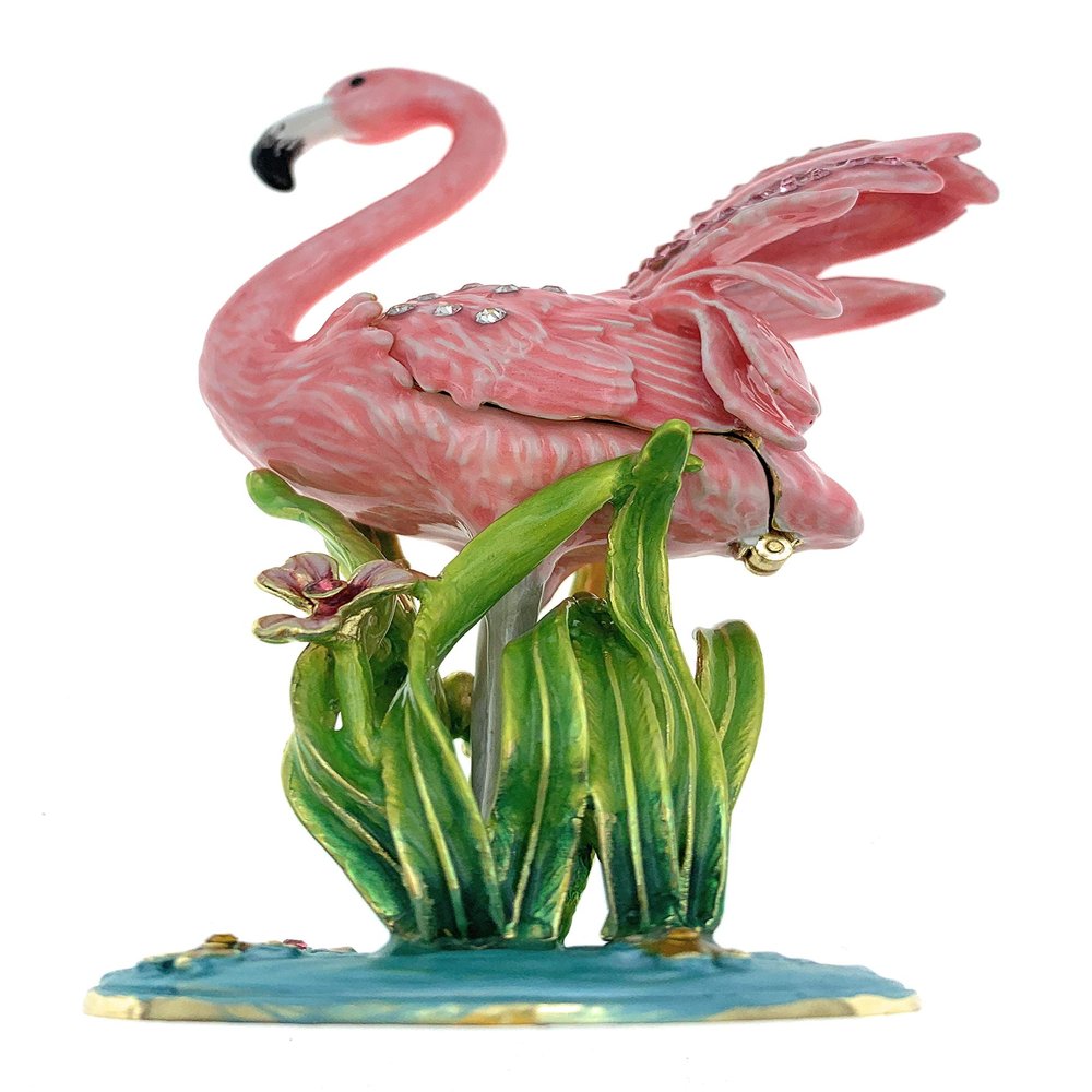 Kubla Crafts Enameled Fancy Flamingo Trinket Box, Accented with Austrian Crystals, 4.25 Inches Tall