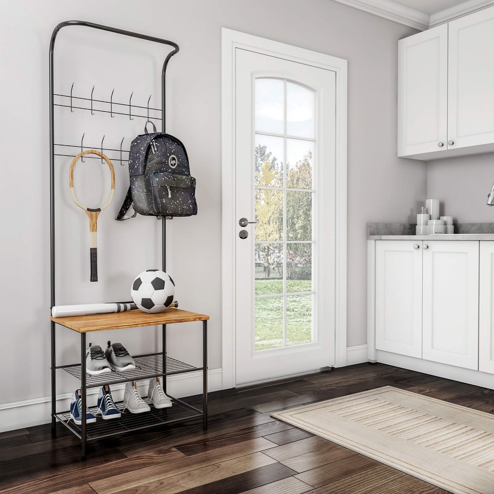 Lavish Home Entryway Bench with Coat Rack - Metal Hall Tree with Seat, Hooks, and Shoe Storage - Rustic Farmhouse Freestanding Mudroom Furniture