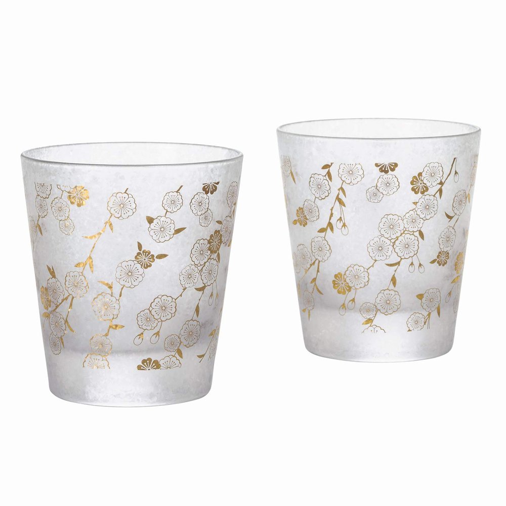 Aderia S-6321 Rock Glass Pair Set, Japanese Small Crest Branch Cherry Blossom, 7.1 fl oz (210 ml), Premium Nippon Taste, Old Glass, On The Rock, Made in Japan, Gift Box, Birthday Gift