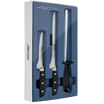 ARCOS Slicing Set 3 pieces Nitrum Stainless Steel. Professional Kitchen Knife for Cooking. Ergonomic Polyoxymethylene POM Handle.Series Manhattan.Strength with high-performance ergonomics. Color Black